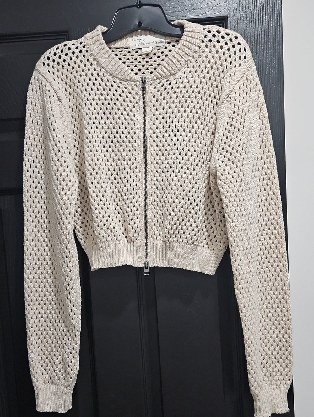 Vintage Havana Cream Open-Knit Cropped Bomber Jacket